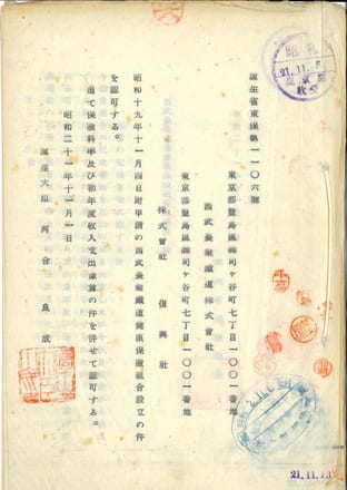 設立認可書（1946年(昭和21年)11月）